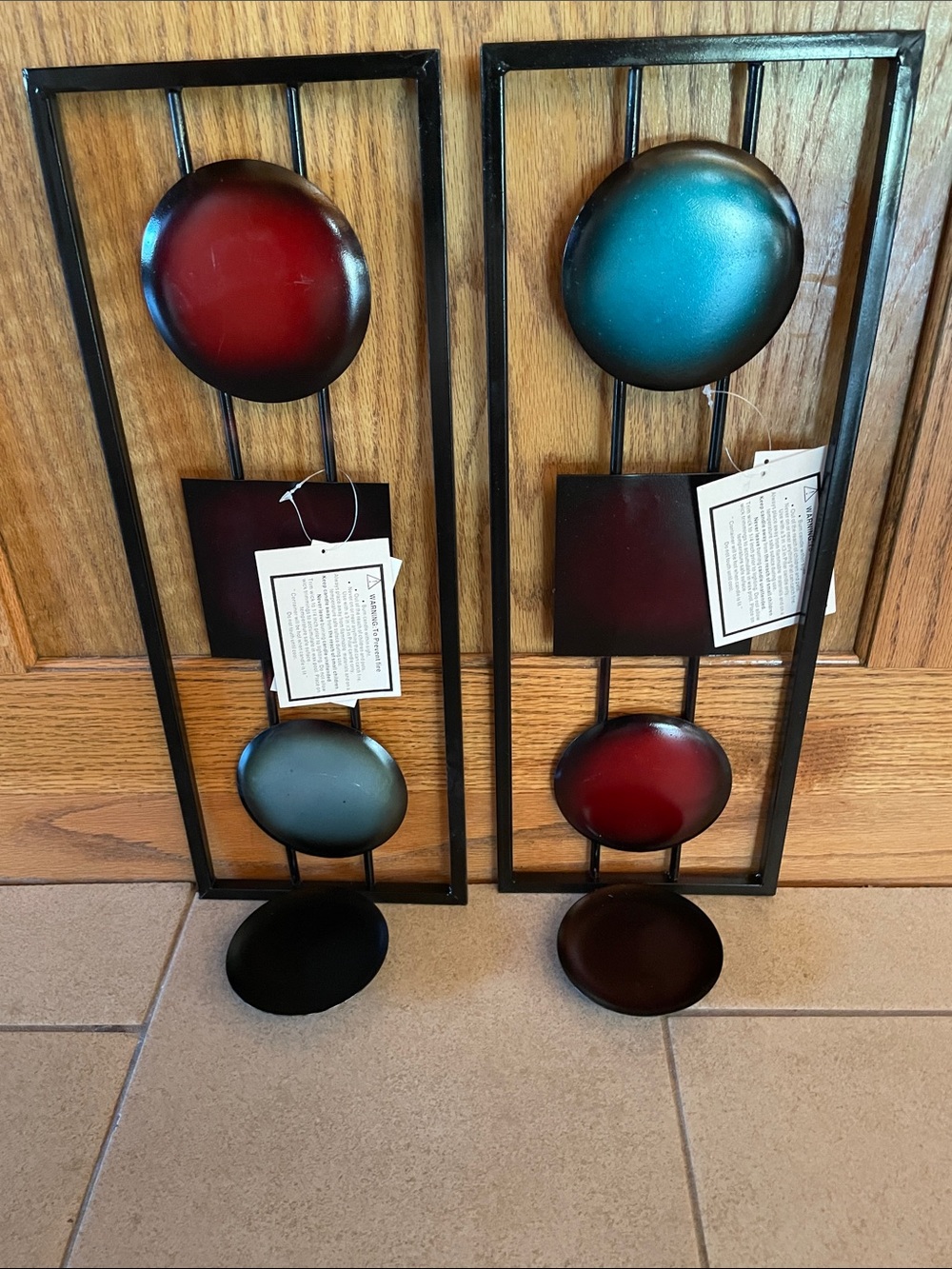 Metal Wall Sconce Pair with Red and Teal Accents - Home Accents Decor